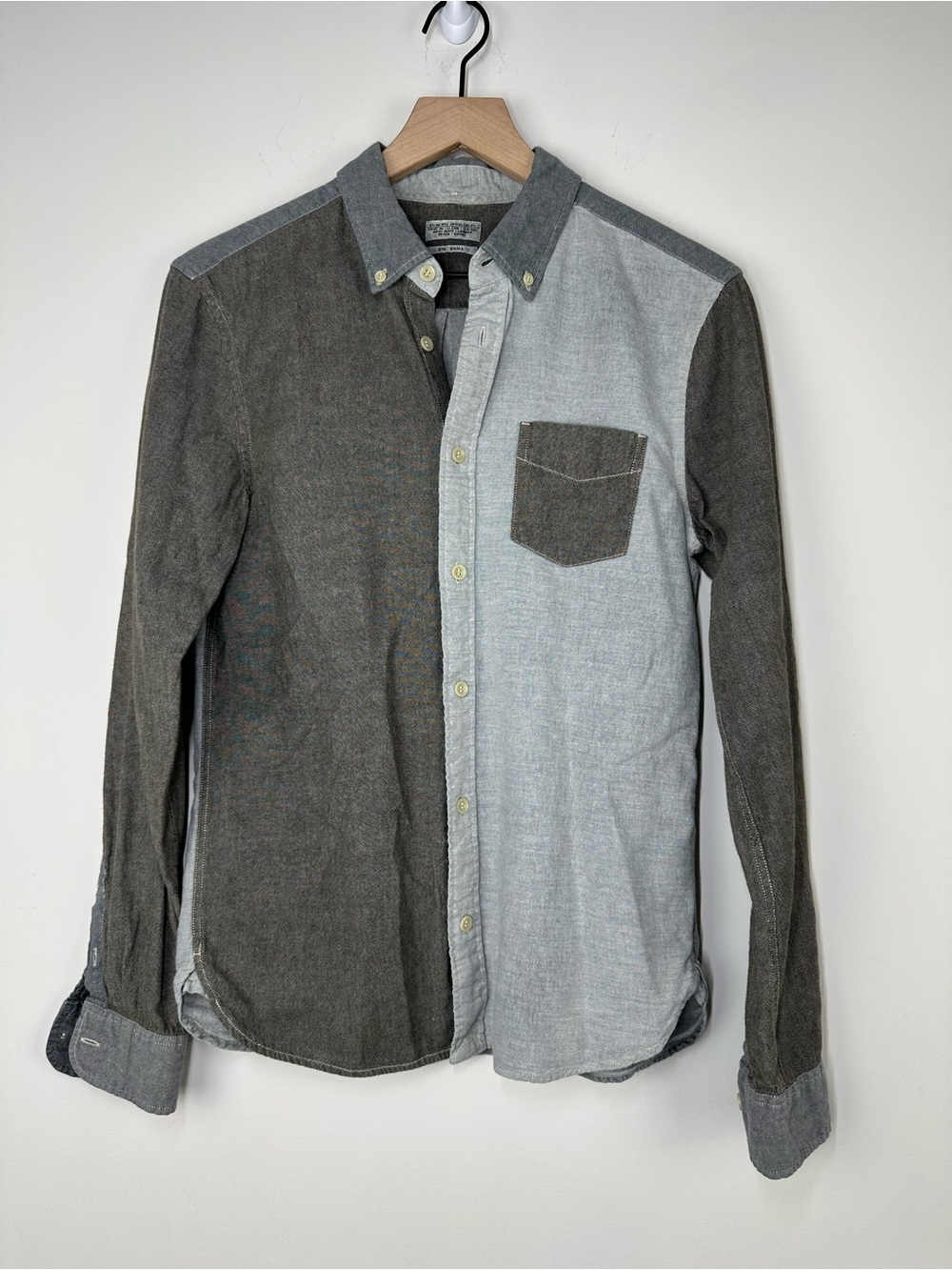 Allsaints 100% Cotton Grey Color Block Two Tone Button Down Shirt, S